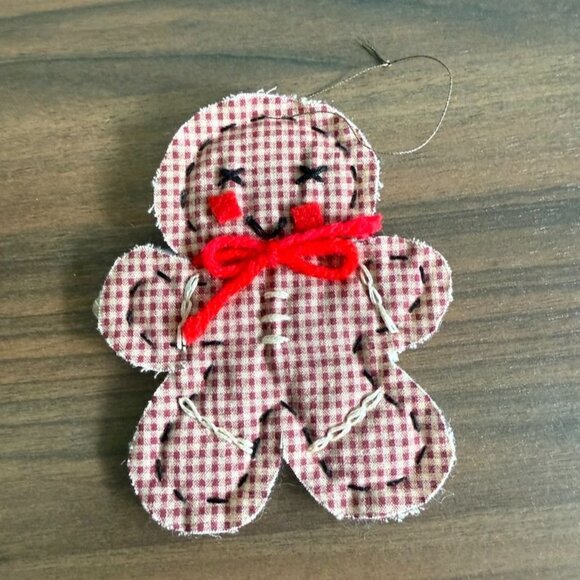 Set Of 5 Vintage Handmade Gingham Gingerbread Man Fabric Ornaments With Bows & S - Picture 4 of 9